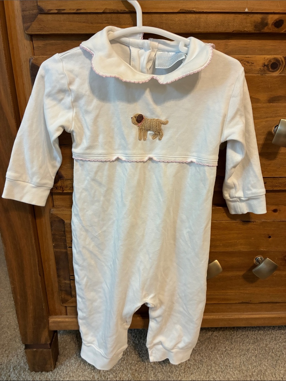 Little English White One-Piece with Embroidered Puppy and Pink Trim